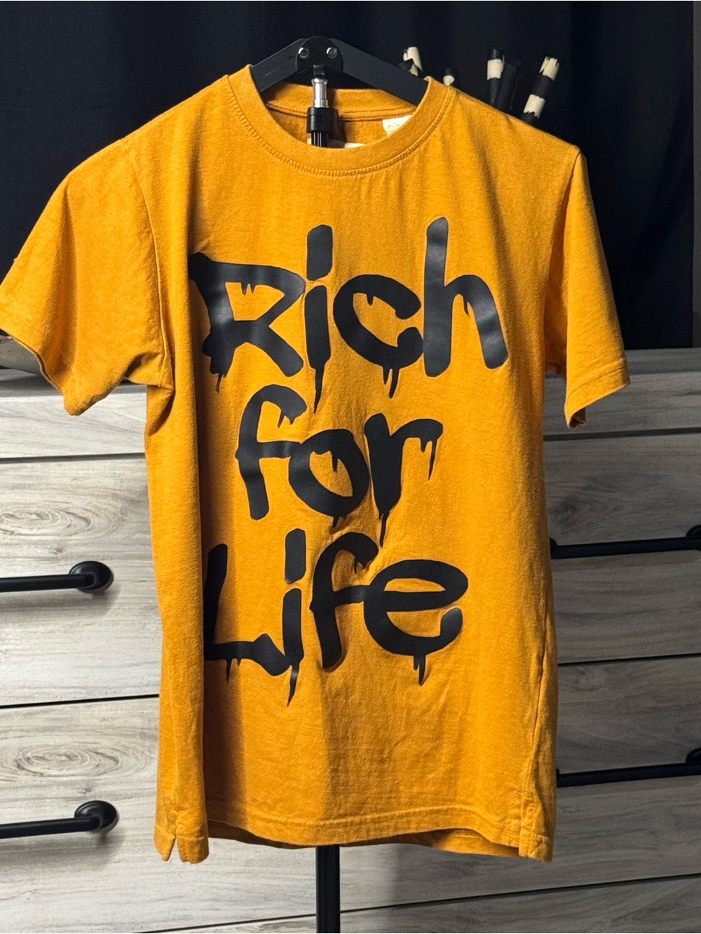 Adult Small FWRD Denim Mustard Yellow Graphic Tee - Rich For Life